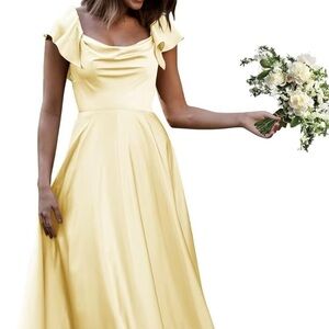 Yellow Satin Bridesmaid Dresses for Wedding Long Elegant Ruffle Sleeve A Line